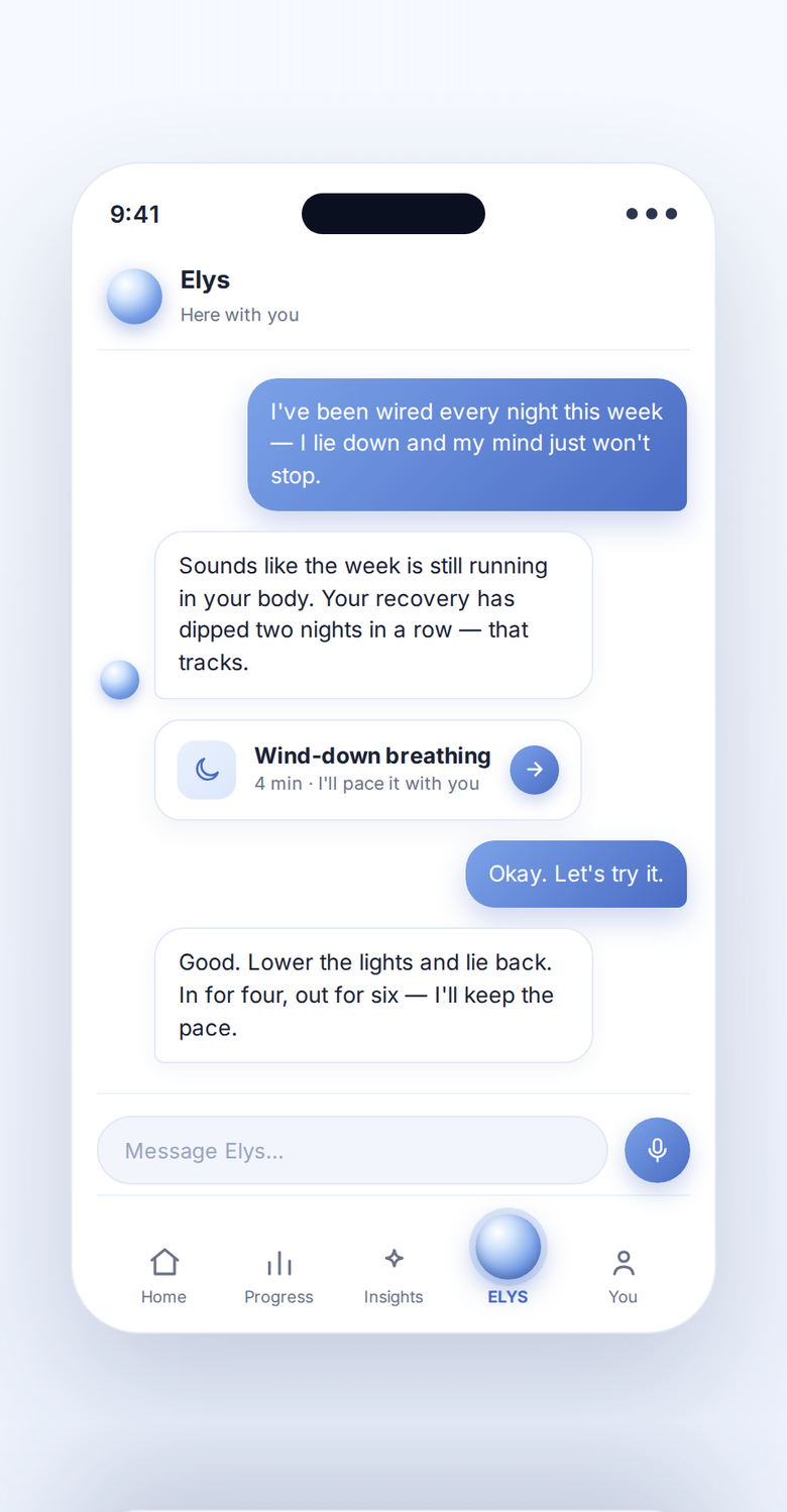 Chat with Elys — a plain-words question about a wired week, one clear step back