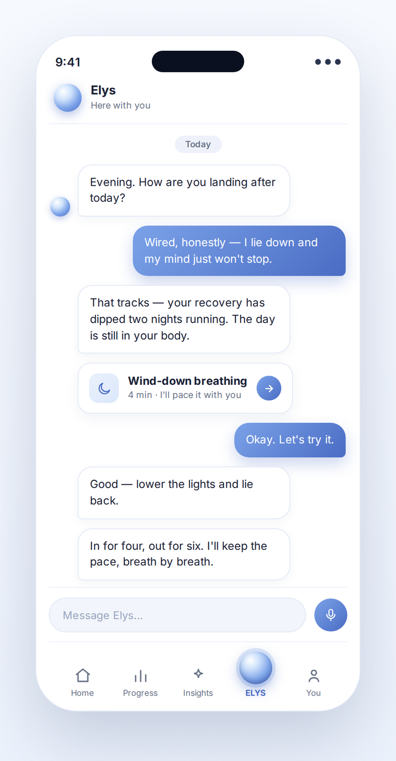 Elys pacing wind-down breathing during a night spiral — in for four, out for six